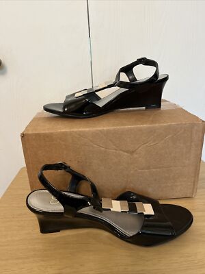 Sonata Womens 9 Patent Leather Wedge Open Toe Dress Sandal Black Silver  Accent | eBay