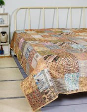 Indian Handmade Vintage Silk Patchwork Kantha Bedspread  Quilt Throw Blanket