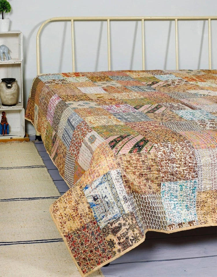 Indian Handmade Vintage Silk Patchwork Kantha Bedspread Quilt Throw Blanket