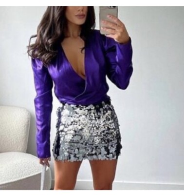 NWT Zara Satin Effect Metallic Purple Deep V-Neck Bodysuit XS Blogger Fav