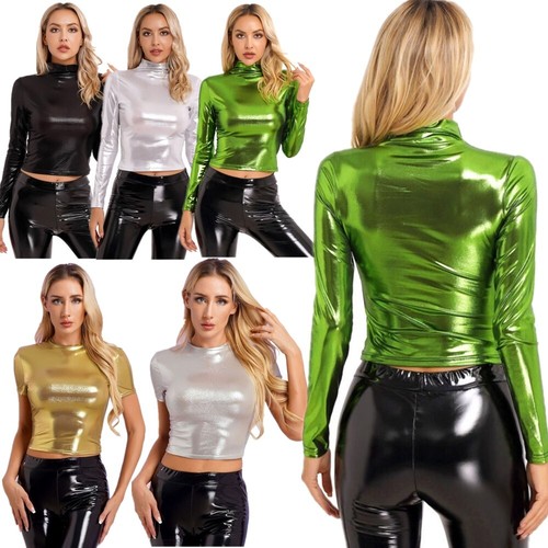 Women's Shiny Glitter Mock Neck Long Sleeve Tops Sparkly Shirt Party Club - Picture 2 of 71
