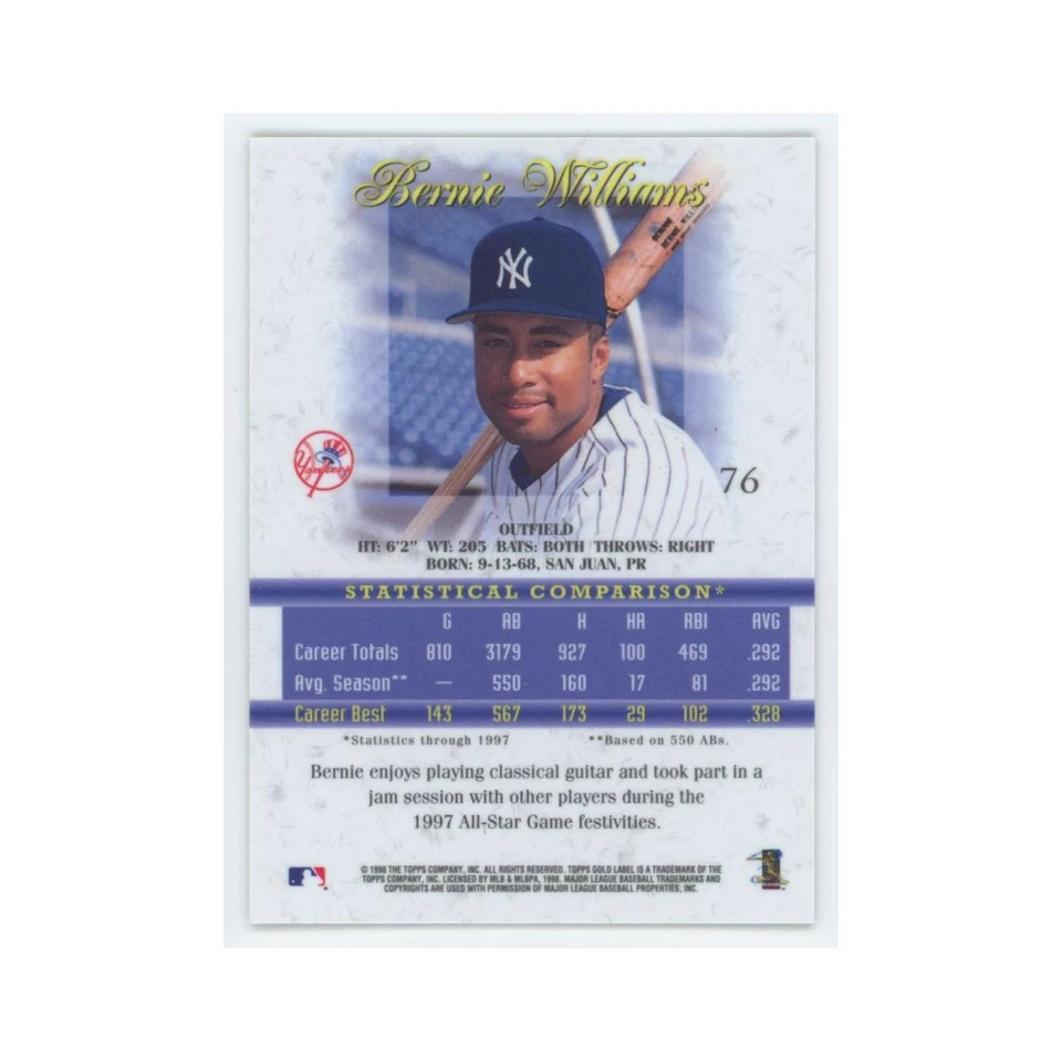 1998 Topps Gold Label Bernie Williams Yankees #76 - Image 2 of 3