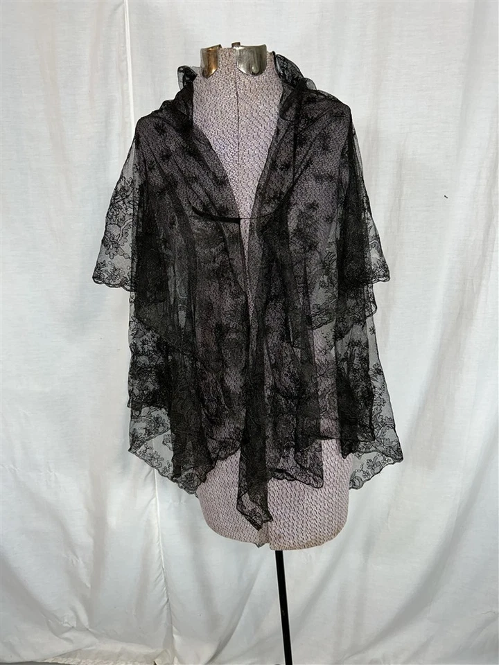 antiguo chal de encaje Chantilly cuadrado negro 50 x 50 pulgadas Original siglo XIX Foto 4 de 4