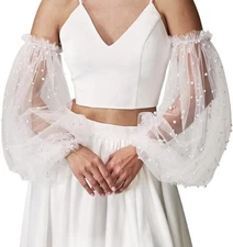 Women’s Wedding Gloves Lace Tulle Long Ruffled Fingerless White 