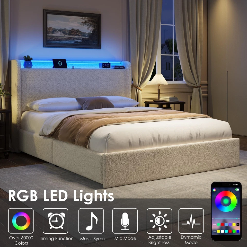 Marco de cama Boucle tamaño queen completo con cabecero de almacenamiento, marco de cama tapizado Foto 2 de 4