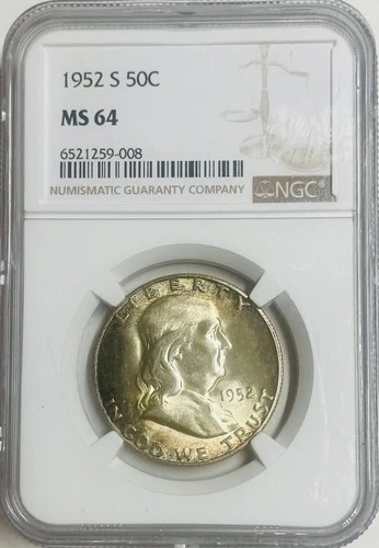 1952-S  50C FRANKLIN SILVER HALF DOLLAR - TONED -  NGC MS64