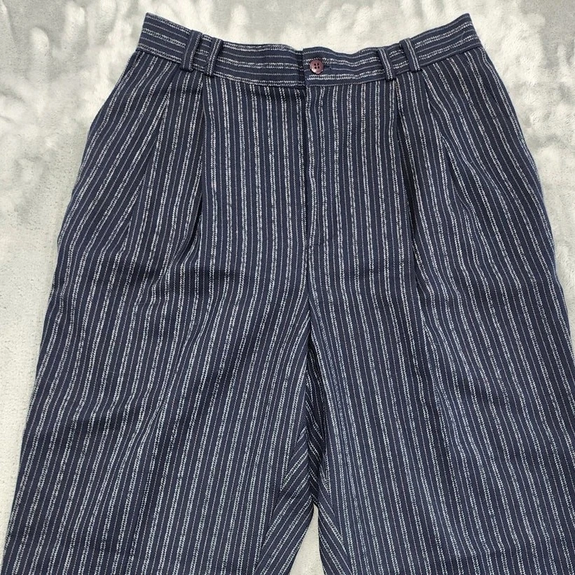 Pantalones vintage Samantha EE. UU. para mujer 14 azules a rayas tiro alto plisados cónicos Foto 2 de 4