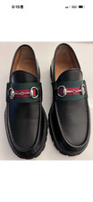 Gucci Black Leather Horsebit Web Lug Sole Loafer