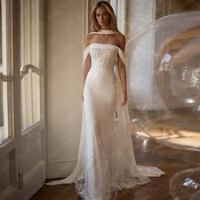 Mermaid Wedding Dress White Sequin Lace Bridal Gown Off Shoulder Court Train