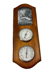Weather Station Thermometer Hygrometer Wood Fly Fisherman Wall Design 15.5x5.5"
