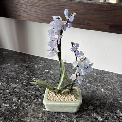 Glass Orchid Arrangement in Ceramic Pot, Lavender flowers. 
