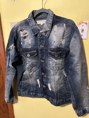 Evolution In Design Men s Denim Jacket Front Buttons Distresed Size L