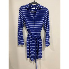 New York & Company Striped Shirt Dress M Blue Belted Work Office Casual Coastal