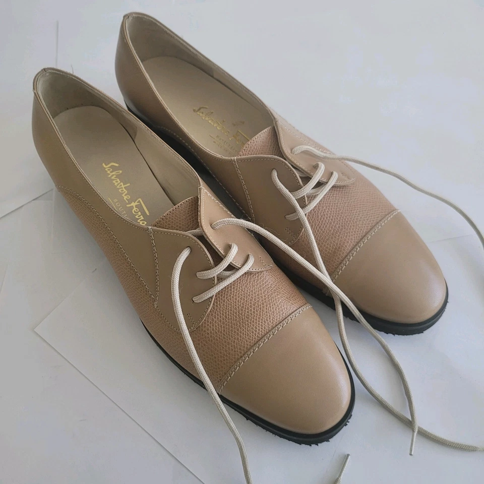 Nuevo Salvatore Ferragamo Para Mujer 7 Cuero Tostado Clásico Zapatos con Cordones Dos Texturas  Foto 3 de 4