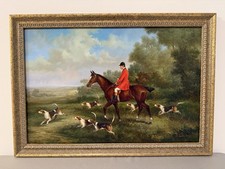 Vintage English Equestrian Fox Hunt Scene Oil Painting Horse Hounds Hunt Field
