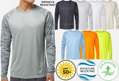 Mens Camo Color Blocked Fish T-Shirt Dri Fit UPF 50+ Long Sleeve Tee XS-4XL NEW!