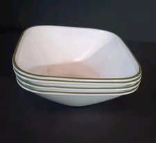 Set Of 4 Corelle Square Soup /Cereal Bowls White w/Green Rim