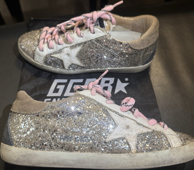 Golden Goose Super-Star Silver Glitter Low Top Lace-Up Sneakers Pink White Logo