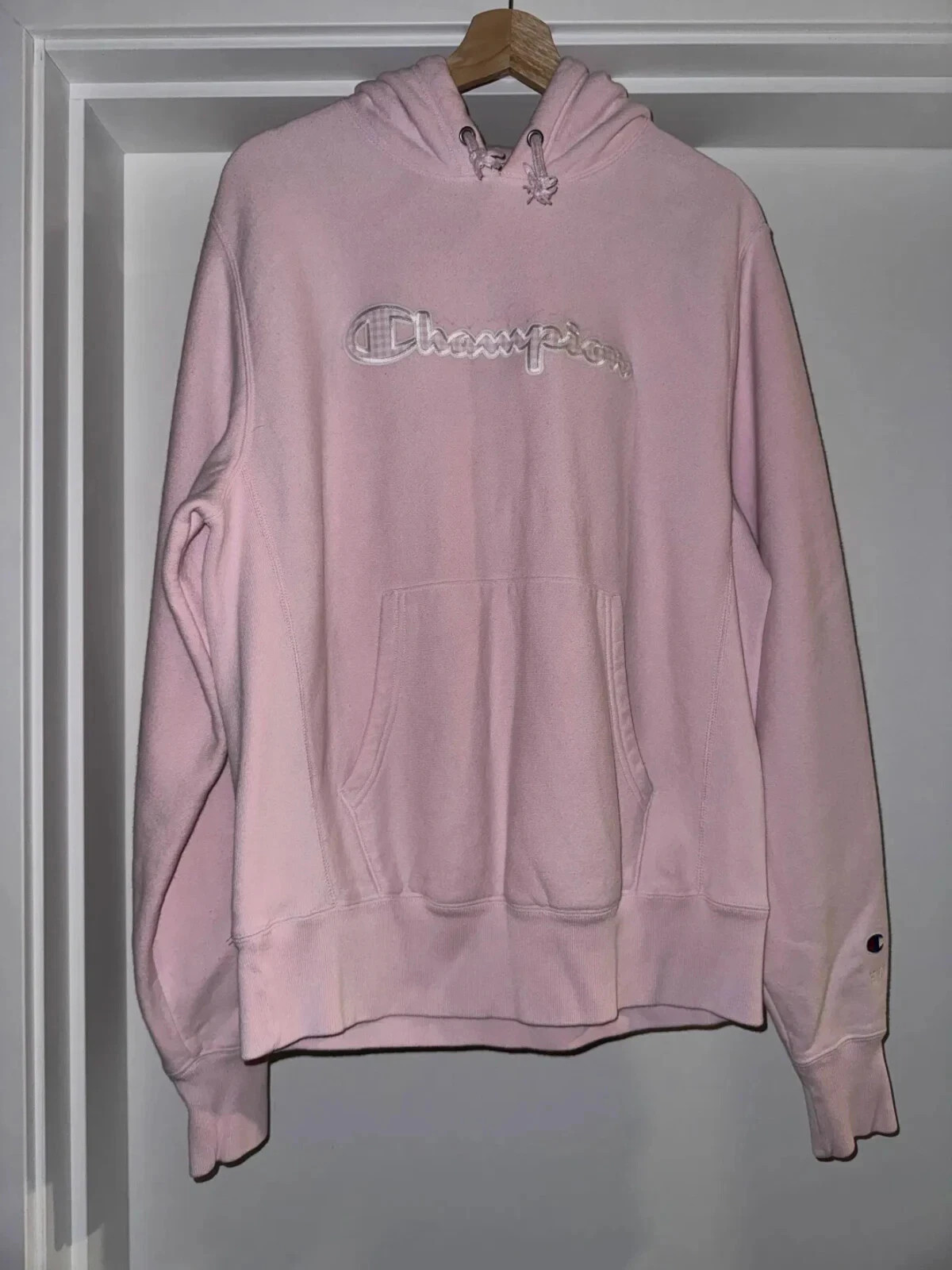 Vintage Champion Reverse Weave Hoodie Pastel Pink Plaid Logo Design Medium