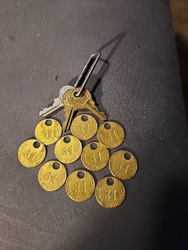 10 + Vintage Comb. Engr. CORPORATION #34 Round Brass Tags