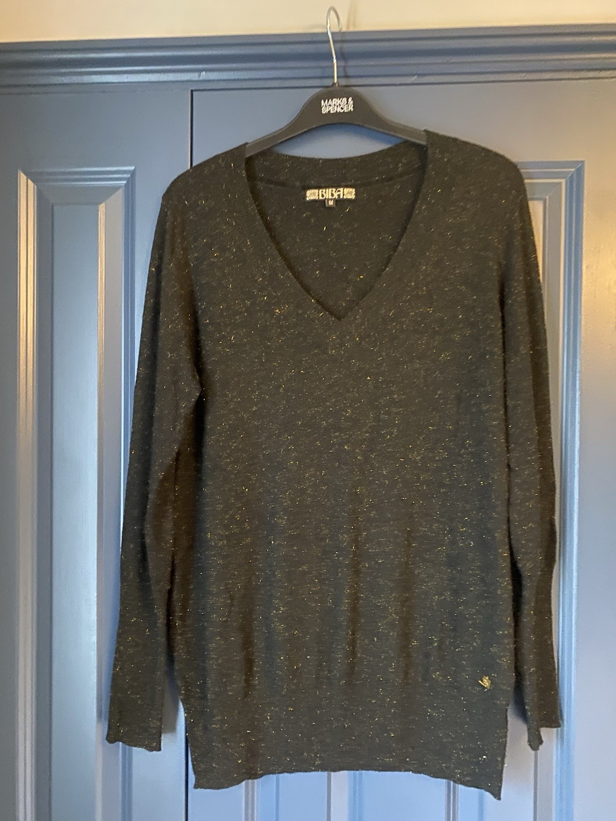biba black v neck jumper With Gold Specks Medium Size 10 UK