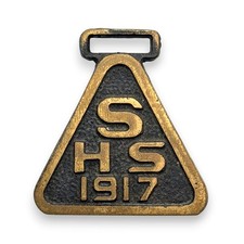 Antique 1917 SHS Watch Fob Pendant 41mm Brass Black Enamel School Lettering