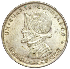 Panama Un quarter 1/4 Balboa 1961 Silber Silver .900 leichte glänzende Patina