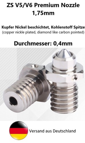 ZS V5 V6 Nozzle Düse 1,75mm, Kupfer Nickel beschichtet, Kohlenstoff Spitze,0,4mm - Afbeelding 1 van 8