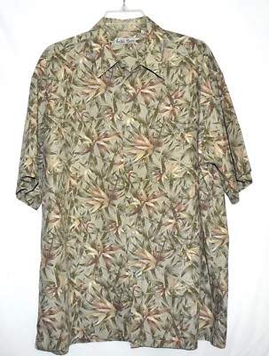 Hollis River Hawaiian Aloha Muted Green & Brown Bamboo Mens Shirt Size XL Korea