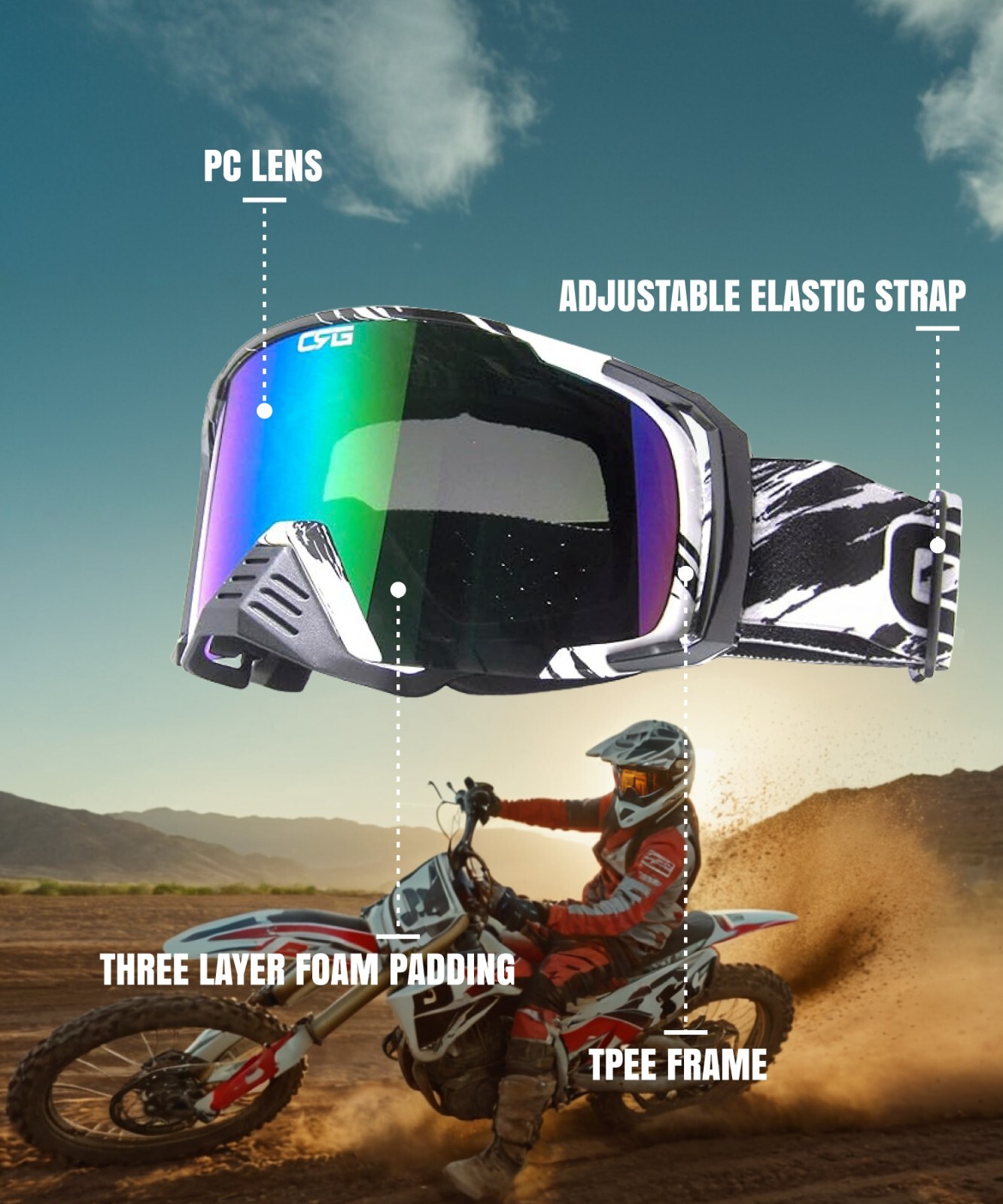 CRG Motocross ATV Dirt Bike Off Road Racing Goggles Adult T815-157 Series