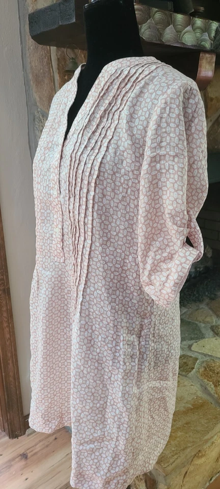 J McLaughlin Linen Dress Roll Tab Sleeve Sz S Pintuck V Neck Beige Print   - Image 3 of 4