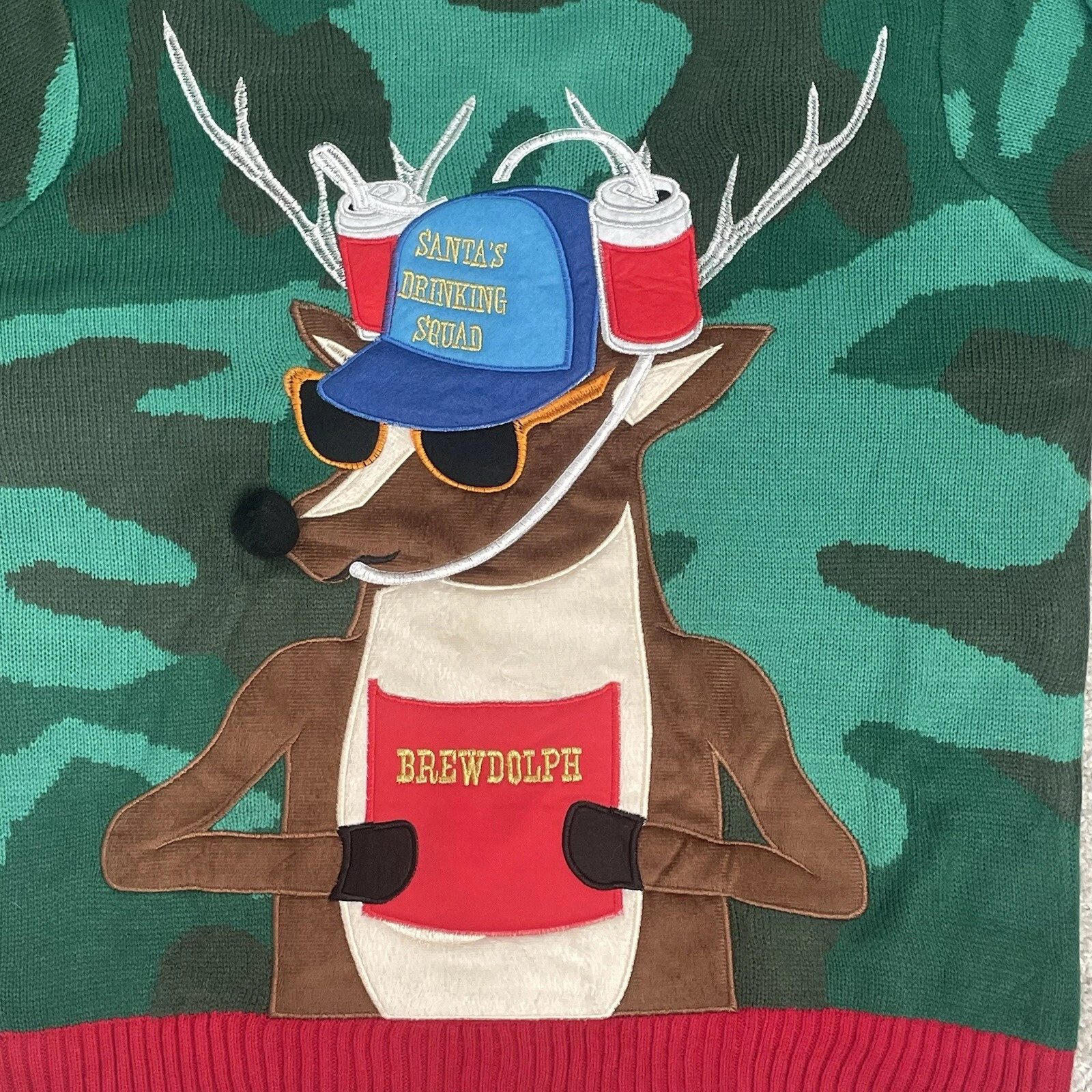 Blizzard Bay Sweater Mens XL Green Camo Brewdolph Beer Ugly Christmas Drinking