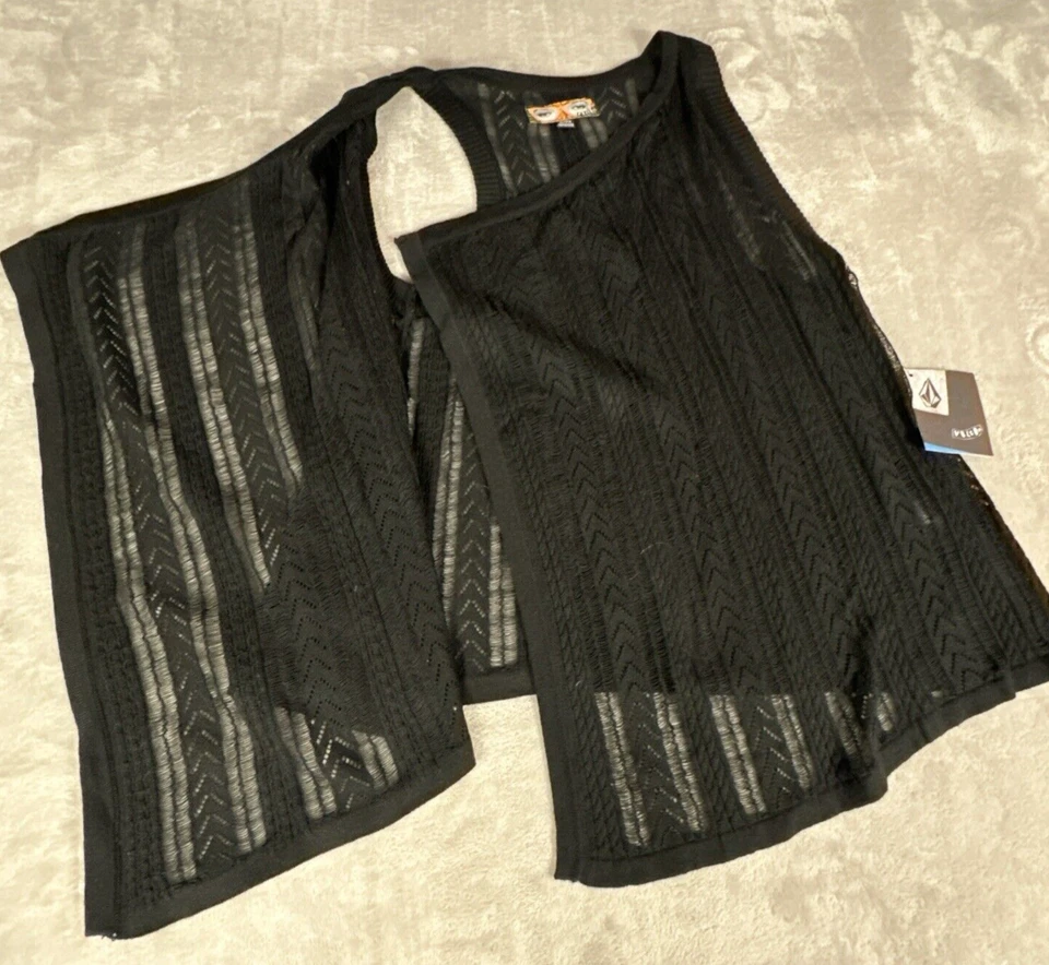 Volcom Cardigan Sweater Vest Womens Extra Small Black Open Knit Crochet - Image 3 of 4