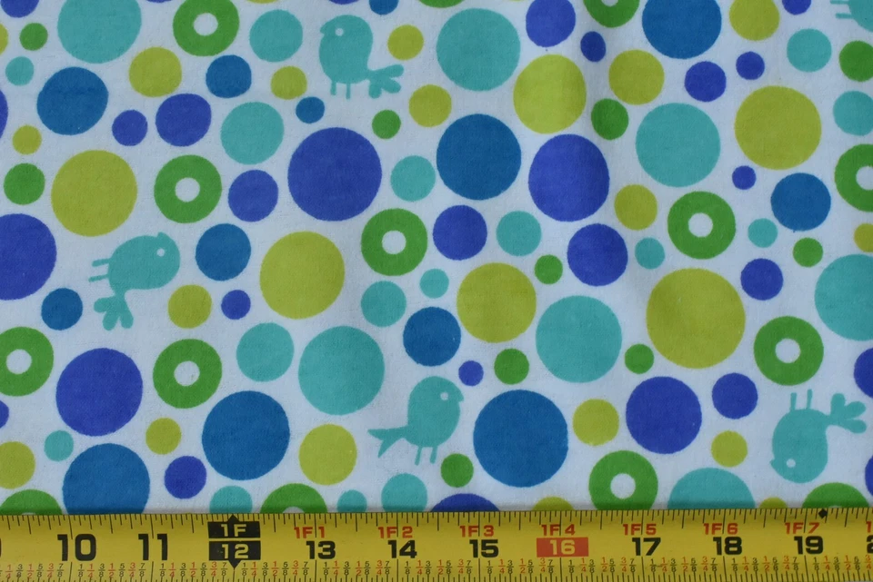 By 1/2 Yd, Blue Turquoise & Lime Birds & Bubbles on White Flannel, Springs,P7812 - Image 2 of 4