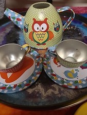 LUCY LOCKET Woodland Tin Tea Set Replacement Pieces Teapot No Lid, 2 Plates, 2 C