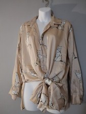 Zara Woman XS Button Front Shirt Pink Cat Print V Neck Front Tie Satin Flawed Pj