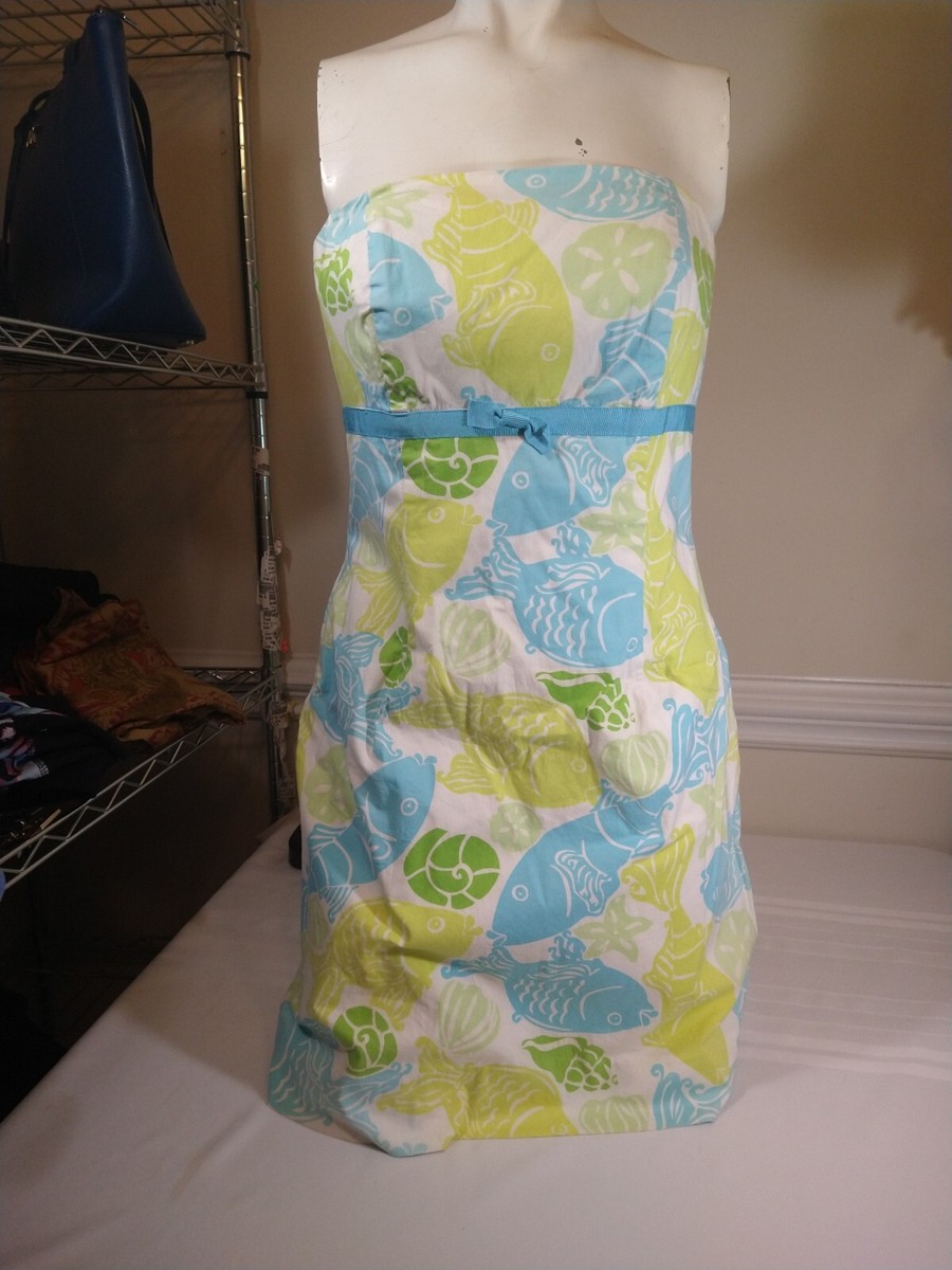 green dress yellow fish Lilly Pulitzer Green/Yellow/Blue Pattern Sleeveless Women's Size 4 Lena