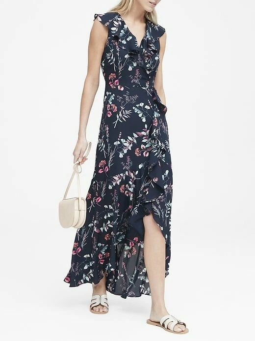 NWOT Banana Republic Floral Ruffle-Wrap Maxi Dress Navy Sz 2, 8P | eBay