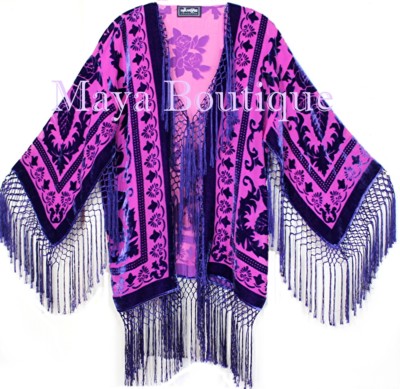 Fringe Jacket Kimono Duster Bolero Silk Burnout Velvet Pink Purple
