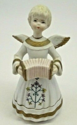 Vintage Schmid Bros Porcelain Angel Music Box Accordian Brahms Lullaby Japan