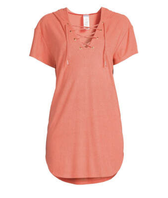 1X (16W-18W) Womens Plus Size Lace-Up Hoodie Cover-Up - Orange