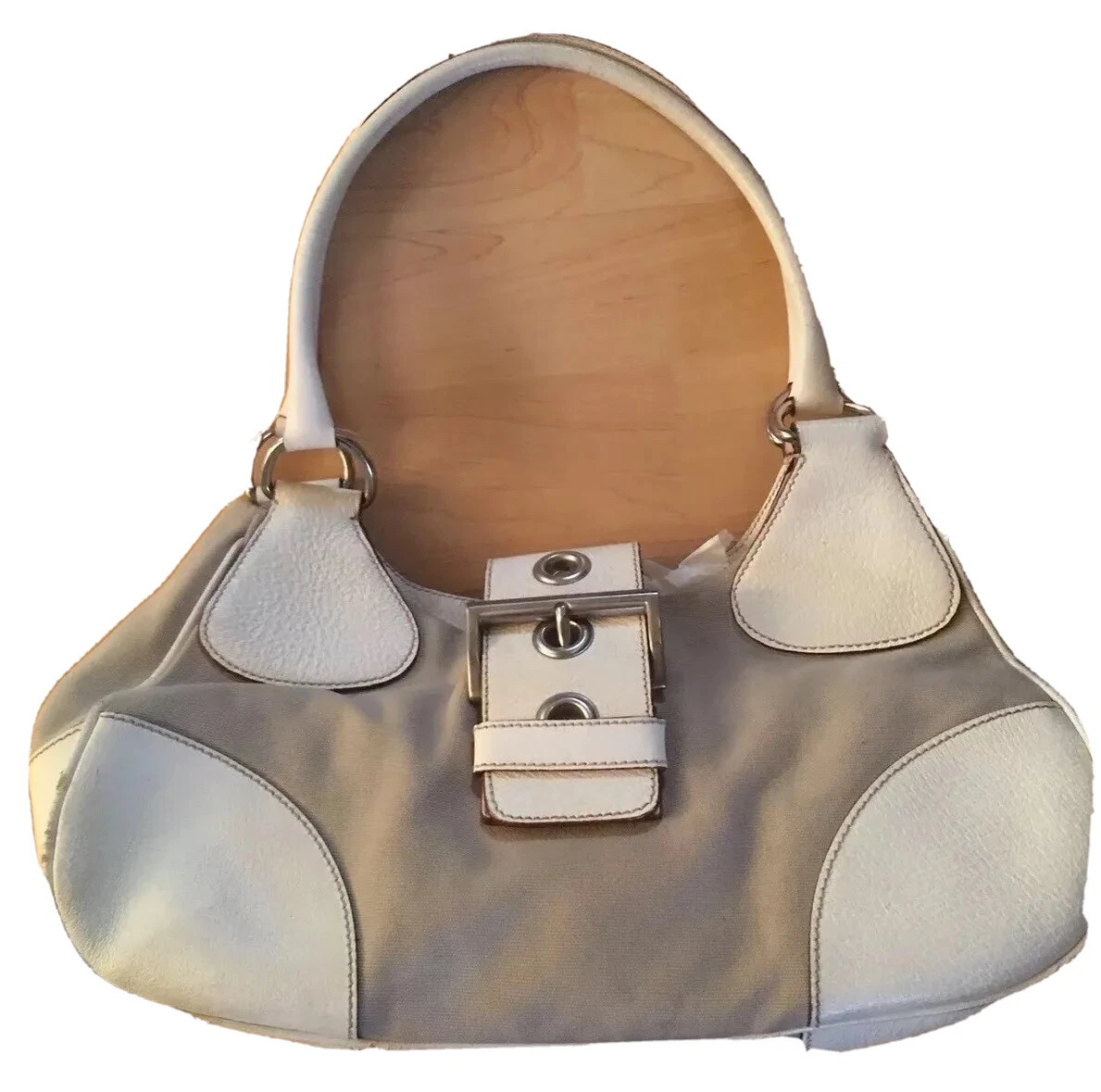 PRADA Tan Canvas & White Leather Moon Shoulder Bag Purse GUC