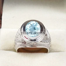 Aquamarine Oval Cut Gemstone With 925 Sterling Silver Ring For Men's #A768