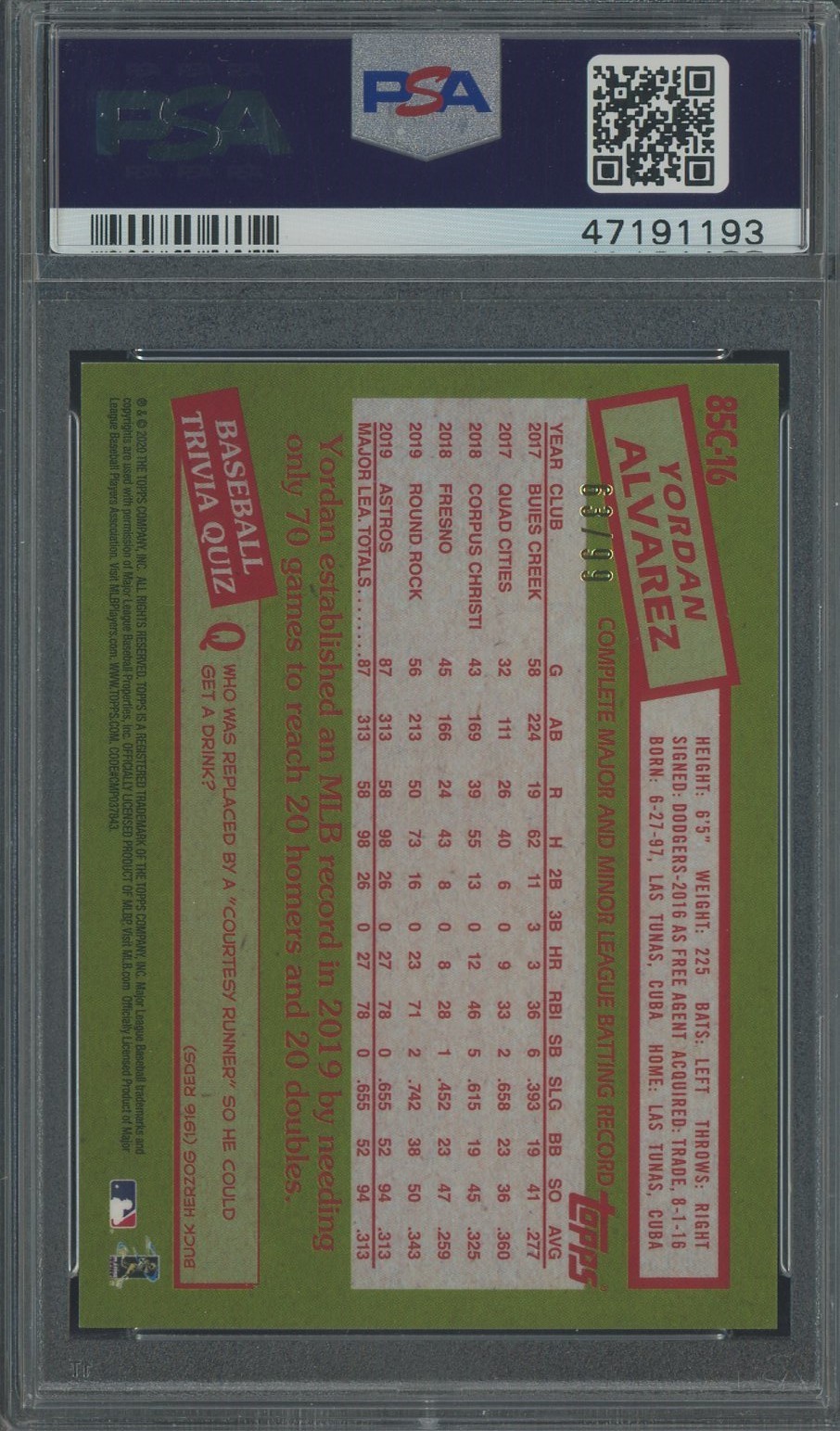 2020 Topps Silver Pack Green Refractor #16 Yordan Alvarez RC Rookie 63/99 PSA 10 view 2