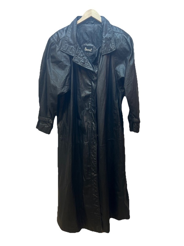 Vintage Avanti Leather Black Long Duster 3 Button Trench Coat L 80s 90s READ