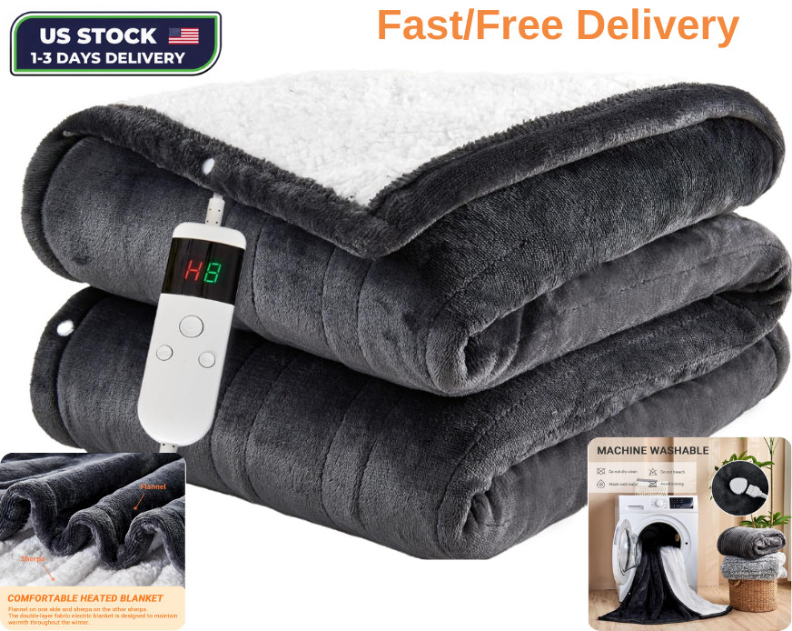Electric Heated Blanket Throw 50x60 Soft Flannel Auto Off ET