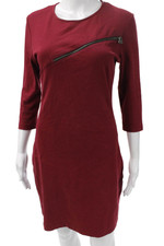 McQ by Alexander McQueen Women Shift Dress Red 3/4 Sleeve Cotton Zip Size M