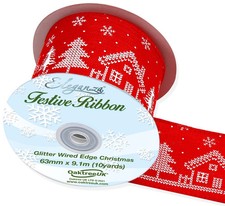 1m, 3m or 9m ~ 63mm Wired Edge Christmas Houses Red Natural, Christmas Ribbon