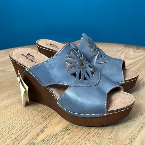 NWT Spring Step Blue Leather Sunburst Wedge Bohemian Sandal Size 38/Women’s 7.5 - Picture 1 of 11