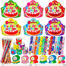 144 PCS Birthday Crowns for Kids - 36 Paper Hats, 36 Badge Stickers, 36 Slap Bra
